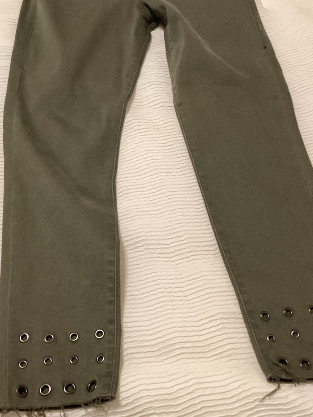 Denver Hayes Olive Green Straight Leg Jeans with Grommet Hem Detail